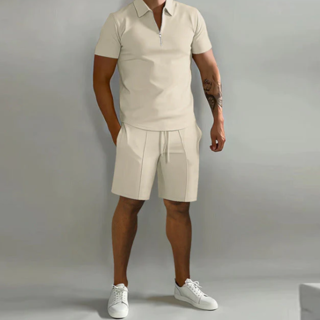 Herren Sportset Sommer | Polo Reißverschluss Shorts | atmungsaktiv bequem modern-Beige-S-Luzern Mode