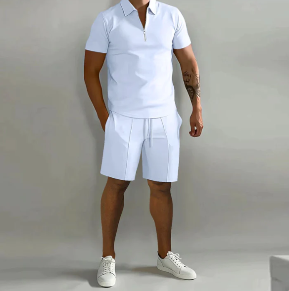 Herren Sportset Sommer | Polo Reißverschluss Shorts | atmungsaktiv bequem modern-Weiß-S-Luzern Mode