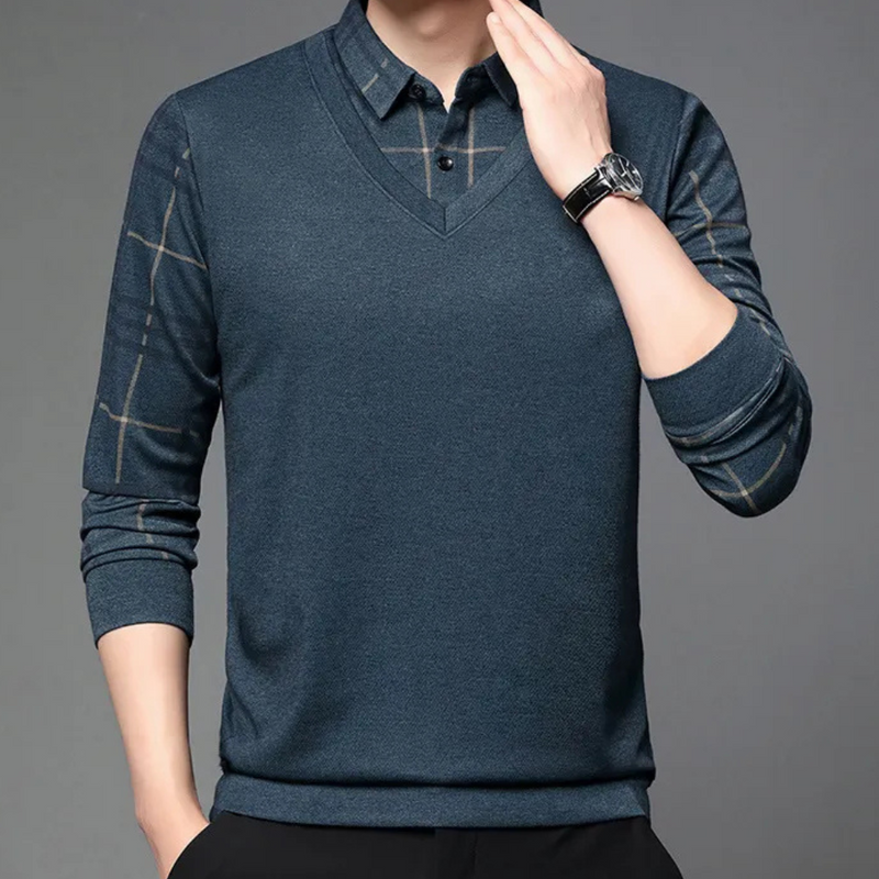 Herren V-Ausschnitt Pullover mit karierten Ärmeln-S-Luzern Mode