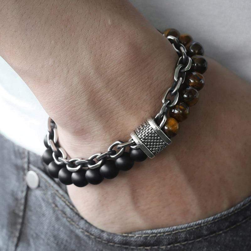 Herren-Armband | Tigerauge-Perlen Stilvoll Robust Boho Handgefertigt-Schwarz-Luzern Mode
