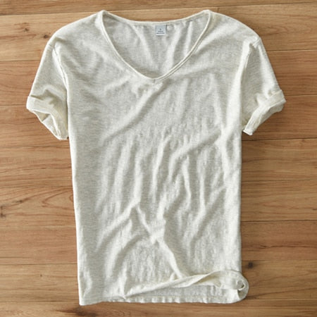 Leinen Shirt Herren | V-Ausschnitt Sommerhemd | Leicht | Atmungsaktiv Baumwolle-Beige-M-Luzern Mode