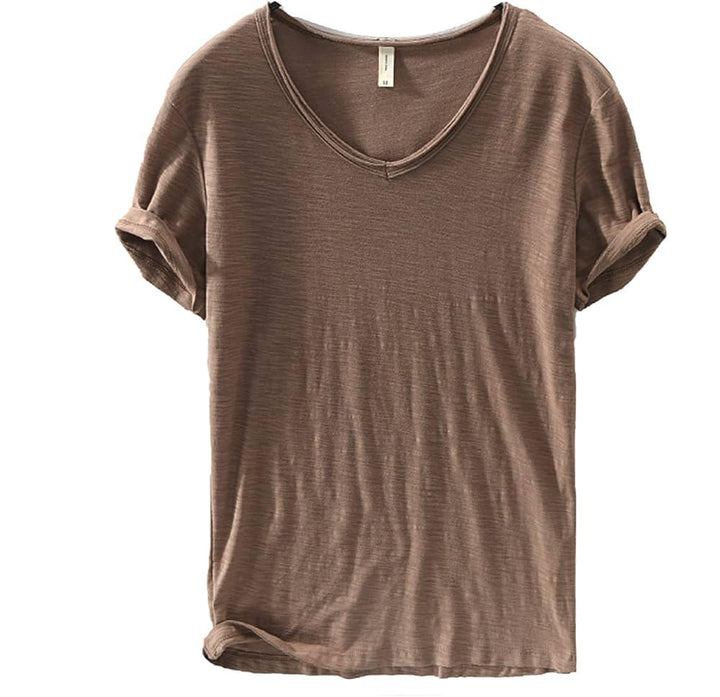 Leinen Shirt Herren | V-Ausschnitt Sommerhemd | Leicht | Atmungsaktiv Baumwolle-Braun-M-Luzern Mode