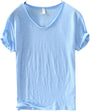 Leinen Shirt Herren | V-Ausschnitt Sommerhemd | Leicht | Atmungsaktiv Baumwolle-Hellblau-M-Luzern Mode