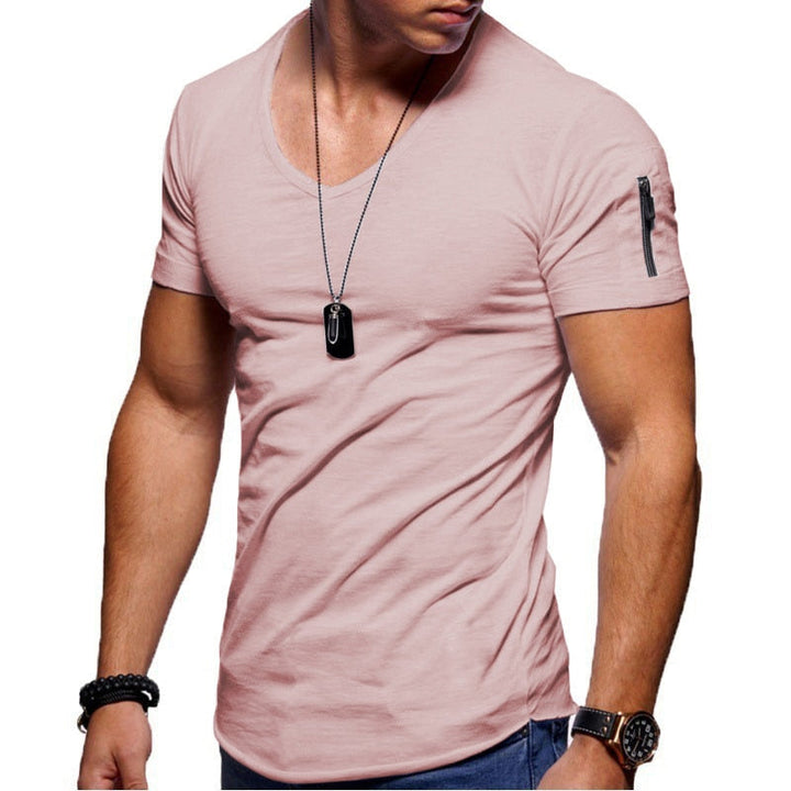 Herren T-Shirt | Kurze Ärmel | Muskel Fit | V-Ausschnitt | Unifarben | Dehnbarkeit-Altrosa-S-Luzern Mode