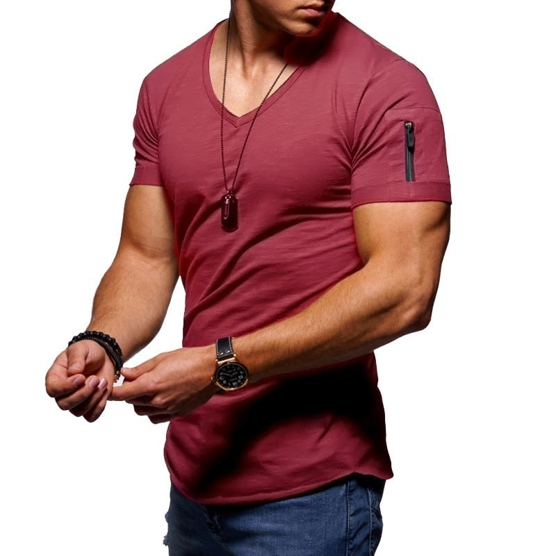 Herren T-Shirt | Kurze Ärmel | Muskel Fit | V-Ausschnitt | Unifarben | Dehnbarkeit-Bordeauxrot-S-Luzern Mode