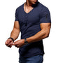 Herren T-Shirt | Kurze Ärmel | Muskel Fit | V-Ausschnitt | Unifarben | Dehnbarkeit-Dunkelblau-S-Luzern Mode