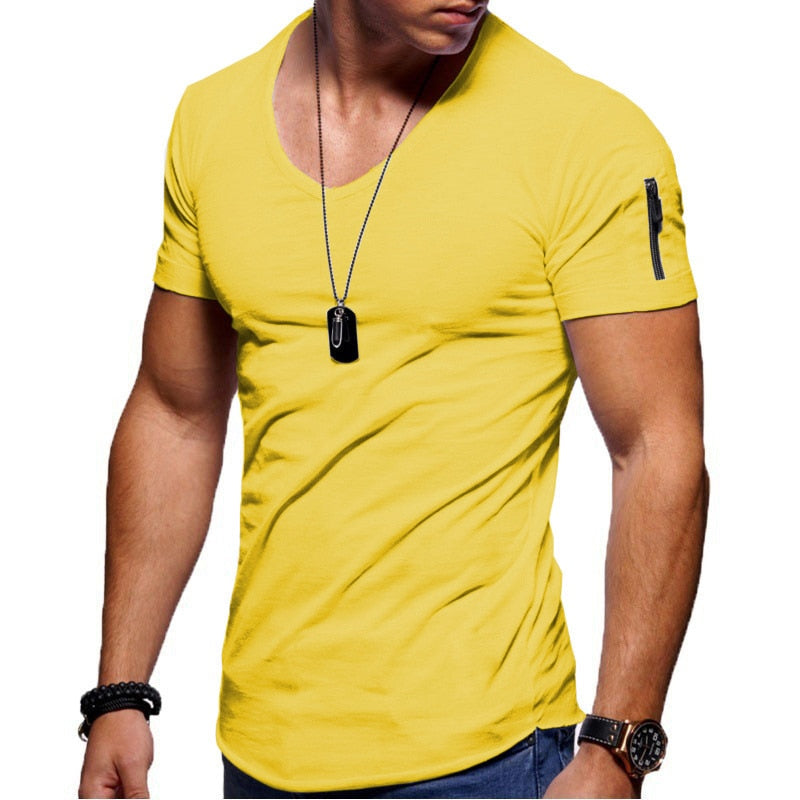 Herren T-Shirt | Kurze Ärmel | Muskel Fit | V-Ausschnitt | Unifarben | Dehnbarkeit-Gelb-S-Luzern Mode