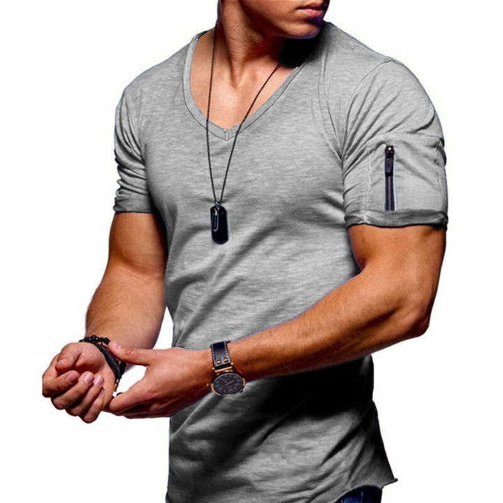 Herren T-Shirt | Kurze Ärmel | Muskel Fit | V-Ausschnitt | Unifarben | Dehnbarkeit-Hellgrau-S-Luzern Mode