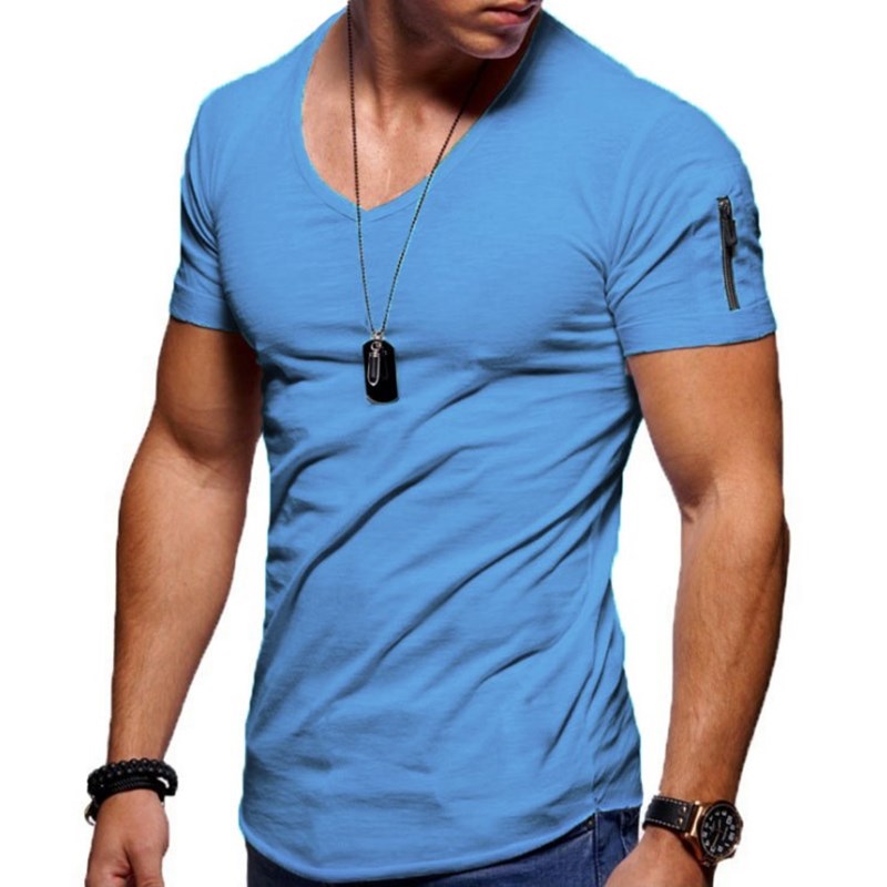 Herren T-Shirt | Kurze Ärmel | Muskel Fit | V-Ausschnitt | Unifarben | Dehnbarkeit-Himmelblau-S-Luzern Mode