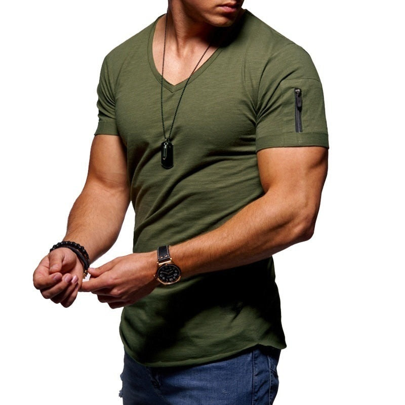 Herren T-Shirt | Kurze Ärmel | Muskel Fit | V-Ausschnitt | Unifarben | Dehnbarkeit-Olivegrün-S-Luzern Mode