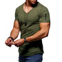 Herren T-Shirt | Kurze Ärmel | Muskel Fit | V-Ausschnitt | Unifarben | Dehnbarkeit-Olivegrün-S-Luzern Mode
