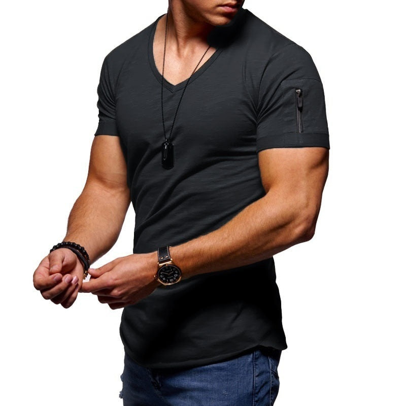 Herren T-Shirt | Kurze Ärmel | Muskel Fit | V-Ausschnitt | Unifarben | Dehnbarkeit-Schwarz-S-Luzern Mode