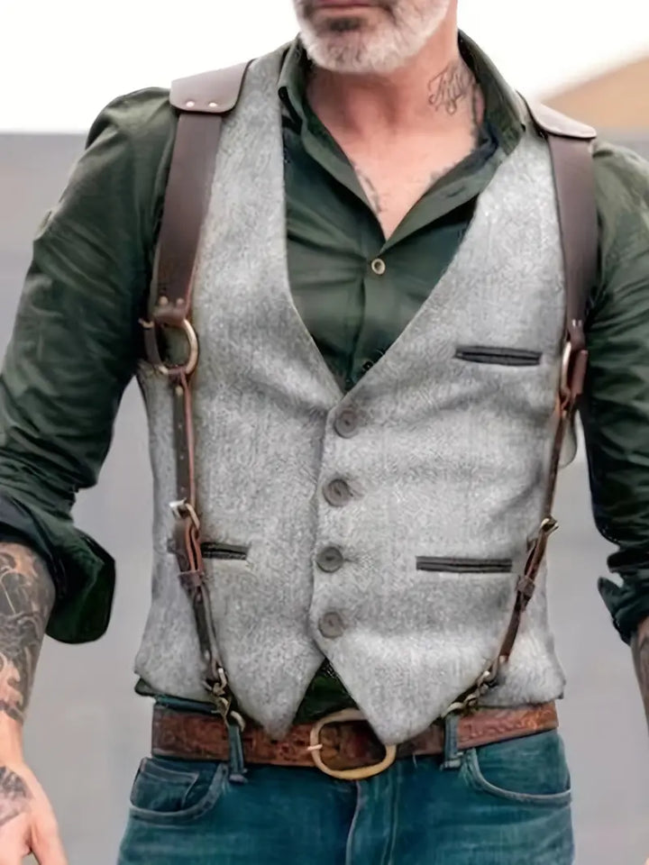 Herren Vintage Weste mit Lederhosenträgern für Freizeit-Grau-M-Luzern Mode
