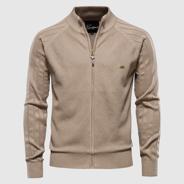 Herren Strickjacke mit Reißverschluss und Rautenmuster-Beige-XS-Luzern Mode