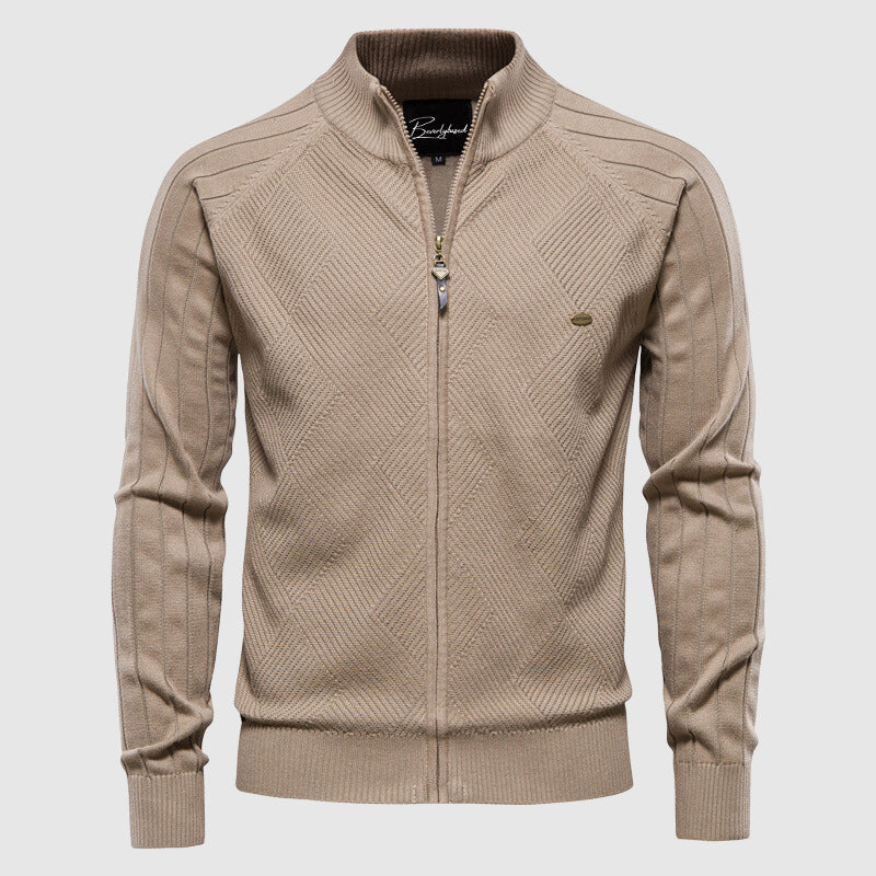 Herren Strickjacke mit Reißverschluss und Rautenmuster-Beige-XS-Luzern Mode