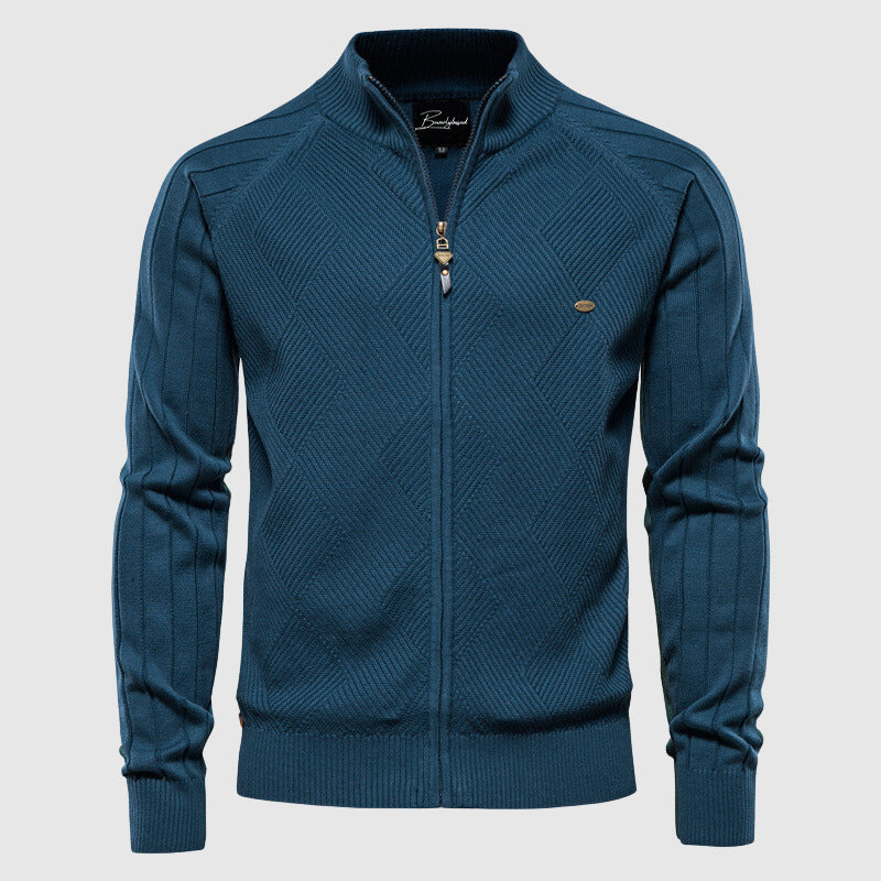 Herren Strickjacke mit Reißverschluss und Rautenmuster-Blau-XS-Luzern Mode