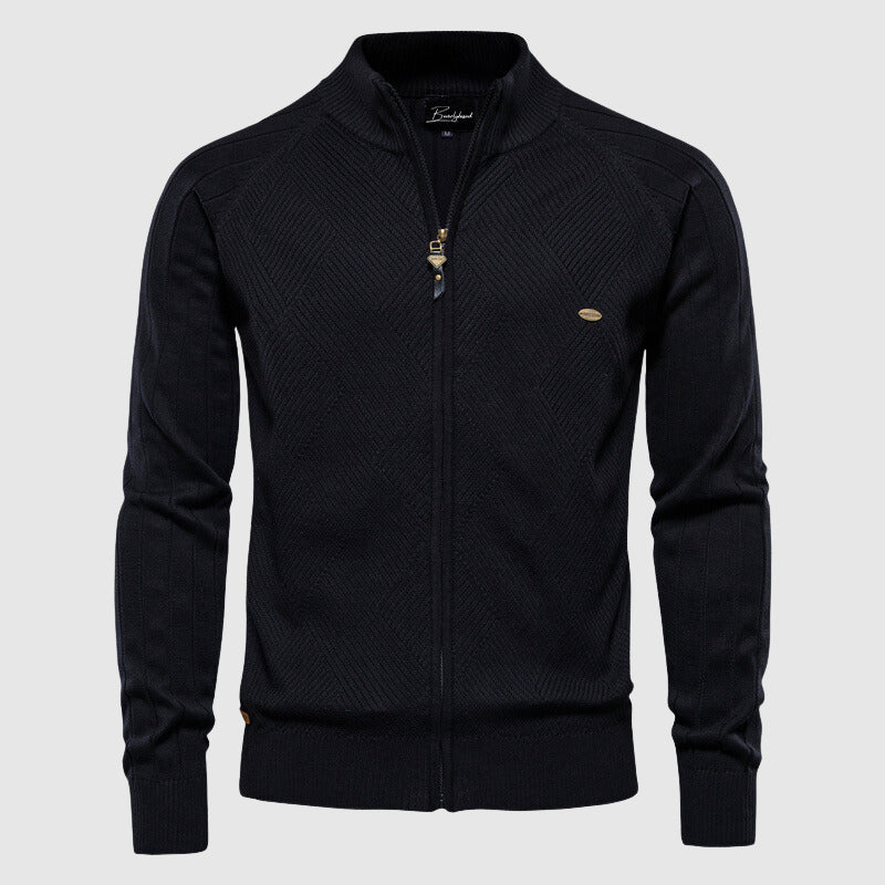 Herren Strickjacke mit Reißverschluss und Rautenmuster-Schwarz-XS-Luzern Mode