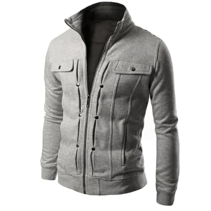 Herren Jacke | Stehkragen | Reißverschluss | Druckknopfdetails-Grau-S-Luzern Mode