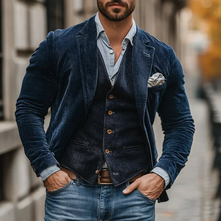 Herren Bekleidungsset | Jacke | Weste | 2-teilig | Cord | Tailliert-Blau-S-Luzern Mode