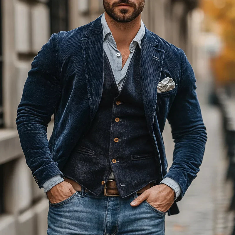Herren Bekleidungsset | Jacke | Weste | 2-teilig | Cord | Tailliert-Blau-S-Luzern Mode