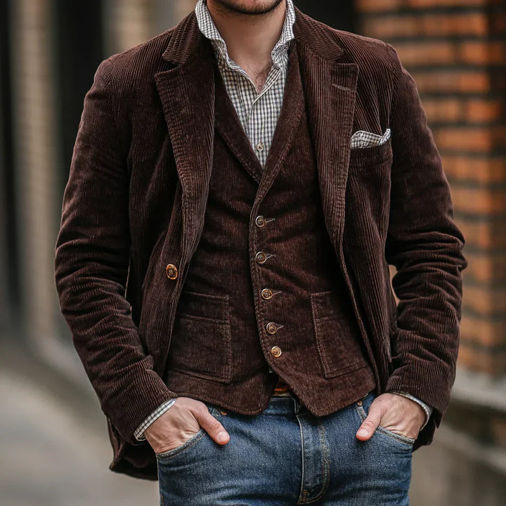 Herren Bekleidungsset | Jacke | Weste | 2-teilig | Cord | Tailliert-Braun-S-Luzern Mode