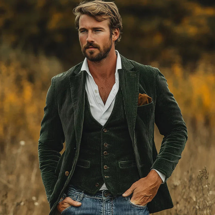 Herren Bekleidungsset | Jacke | Weste | 2-teilig | Cord | Tailliert-Grün-S-Luzern Mode