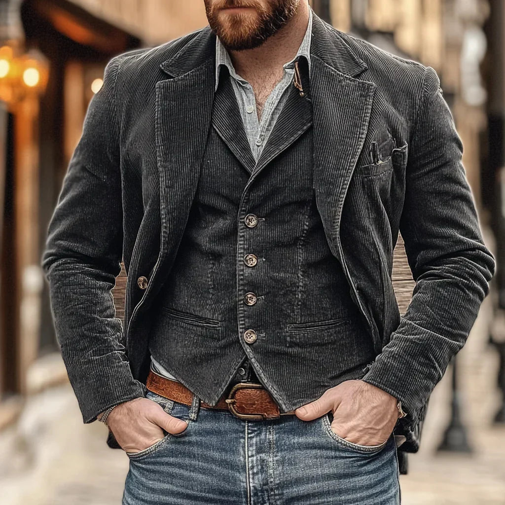 Herren Bekleidungsset | Jacke | Weste | 2-teilig | Cord | Tailliert-Schwarz-S-Luzern Mode