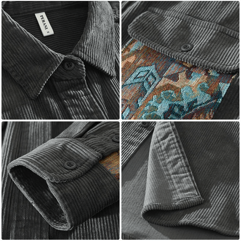 Herren Cordhemd mit Muster-Tasche und Langarm-Design-Luzern Mode