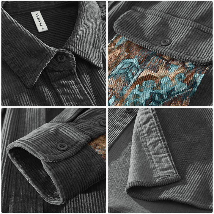 Herren Cordhemd mit Muster-Tasche und Langarm-Design-Luzern Mode