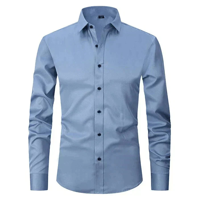 Herren Businesshemd bügelfrei mit Anti-Falten-Technologie-Blau (Schwarzer Knopf)-XS-Luzern Mode