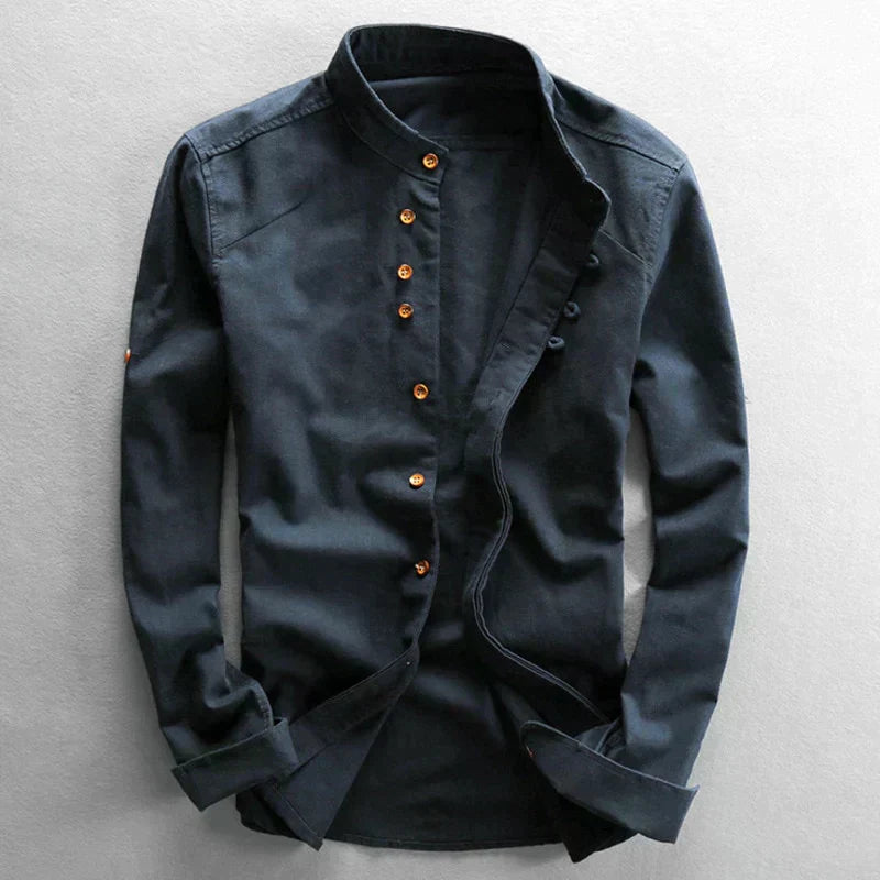 Herren Stehkragenhemd mit Knopfleiste – Eleganter Look-Blau-M-Luzern Mode