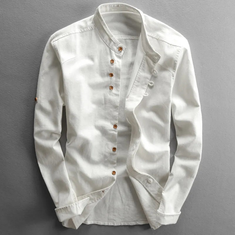 Herren Stehkragenhemd mit Knopfleiste – Eleganter Look-Weiß-M-Luzern Mode
