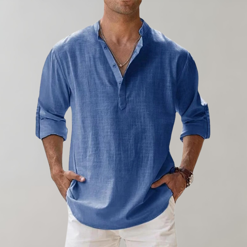 Herren Leinenhemd mit Stehkragen - Freizeitmode 2023-Blau-S-Luzern Mode