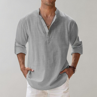 Herren Leinenhemd mit Stehkragen - Freizeitmode 2023-Grau-S-Luzern Mode