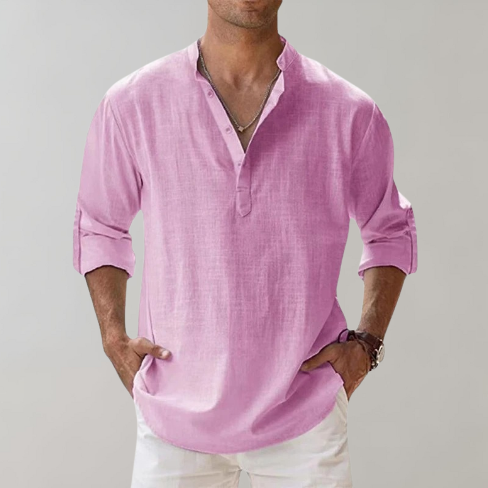 Herren Leinenhemd mit Stehkragen - Freizeitmode 2023-Rosa-S-Luzern Mode