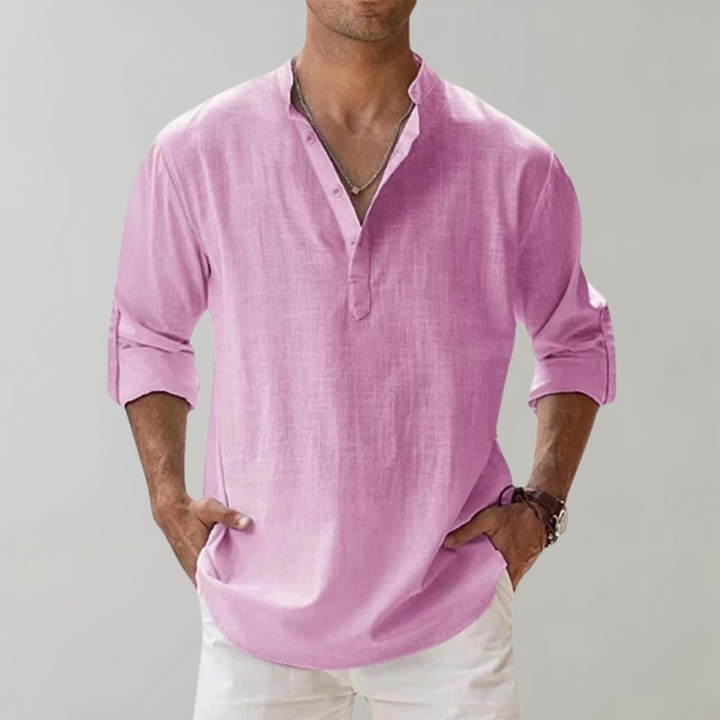 Herren Leinenhemd mit Stehkragen - Freizeitmode 2023-Rosa-S-Luzern Mode
