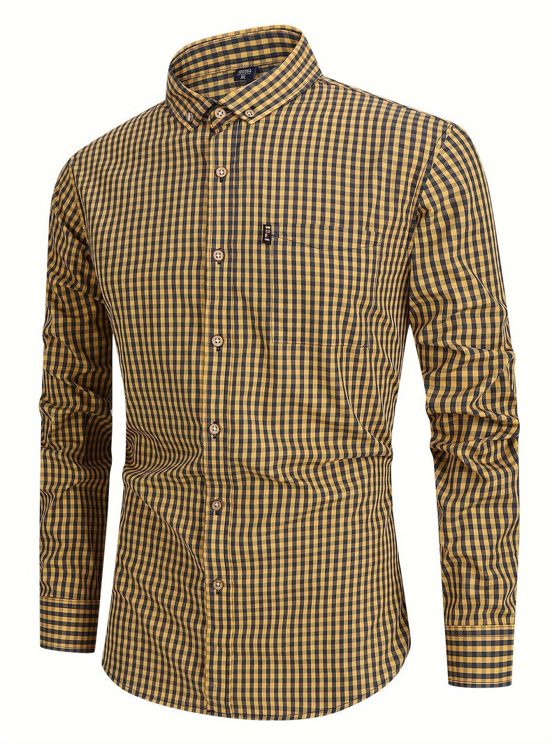 Herren Karohemd Langarm Business Freizeit Hemd Slim Fit-Gelb-XS-Luzern Mode