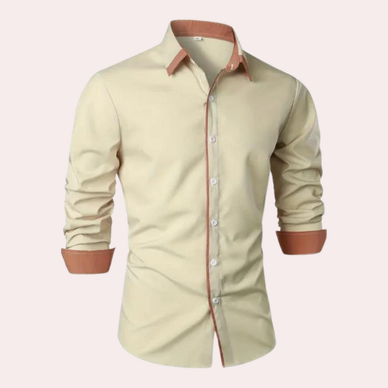 Elegantes Herrenhemd mit Kontrastkragen und Knopfleiste-Khaki-XS-Luzern Mode