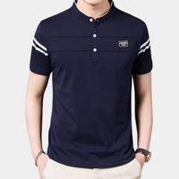 Herren Polohemd mit Streifen und Stehkragen Design-Blau-M-Luzern Mode