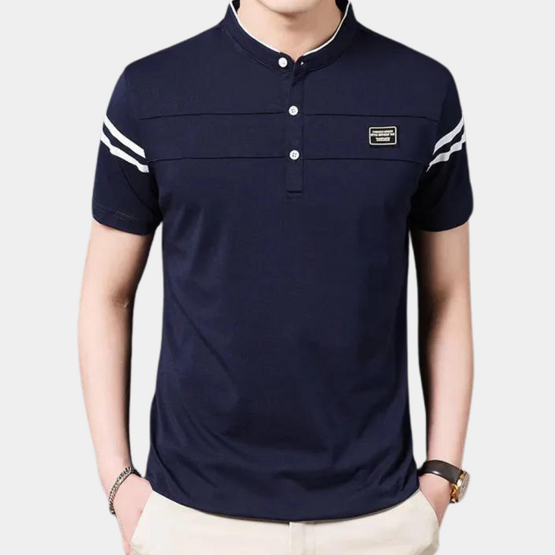 Herren Polohemd mit Streifen und Stehkragen Design-Blau-M-Luzern Mode