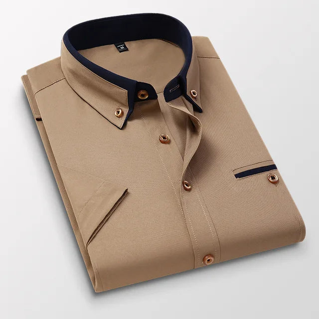 Herrenhemd | Kurzarm | Regulär Fit | Knöpfe | Kragen | Einfarbig-Khaki-M-Luzern Mode