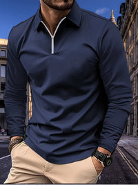 Herren Langarm Poloshirt mit Reißverschluss für Freizeit-Dunkelblau-S-Luzern Mode