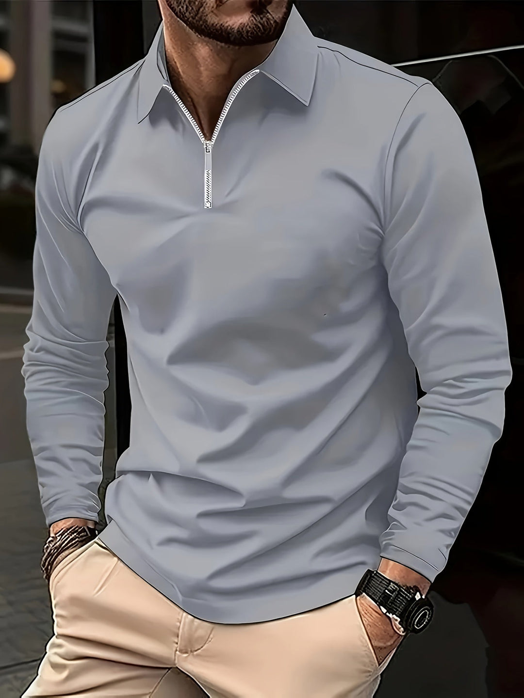 Herren Langarm Poloshirt mit Reißverschluss für Freizeit-Grau-S-Luzern Mode