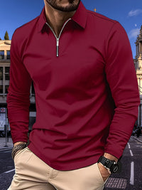 Herren Langarm Poloshirt mit Reißverschluss für Freizeit-Rot-S-Luzern Mode