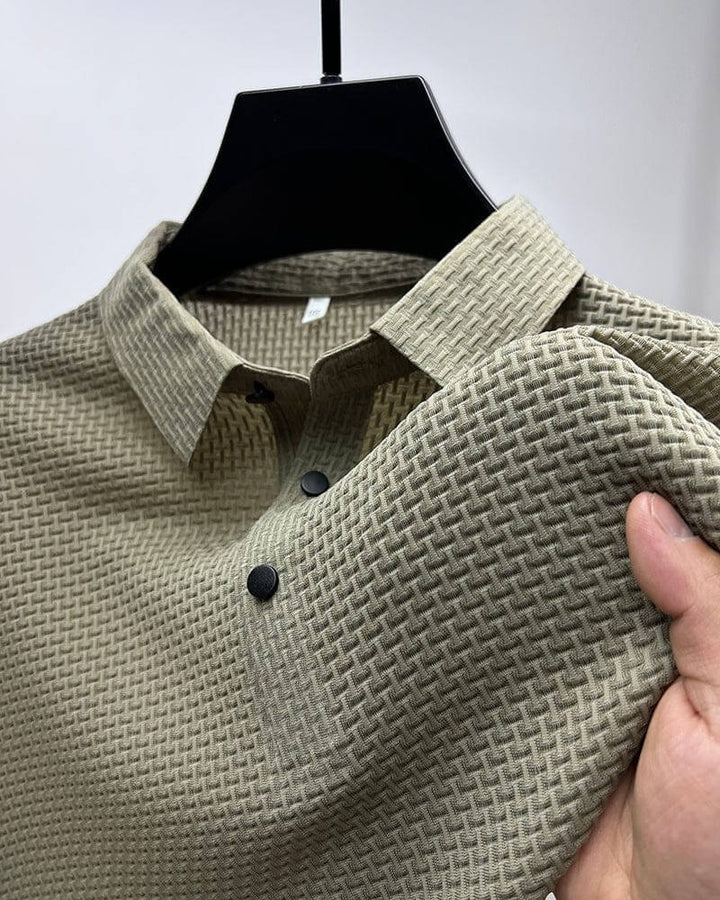 Herrenpoloshirt | Mesh | Kurze Ärmel | Einfarbig | Knöpfe | Kragen-Khaki-M-Luzern Mode