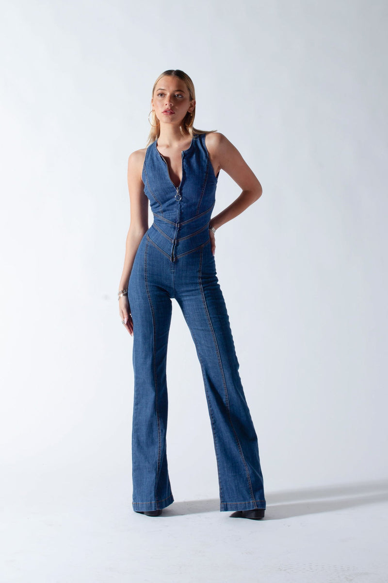 Rückenfreier Jeans-Jumpsuit | Herzförmiger Rückenausschnitt | Figurbetont | Stretch-Denim-Blau-XS-Luzern Mode