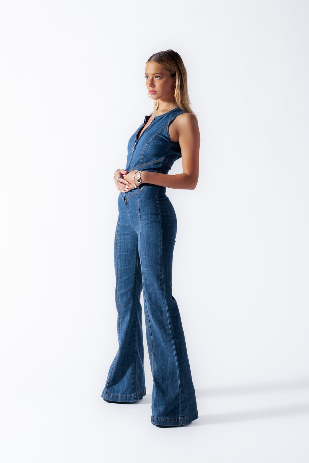 Rückenfreier Jeans-Jumpsuit | Herzförmiger Rückenausschnitt | Figurbetont | Stretch-Denim-Luzern Mode