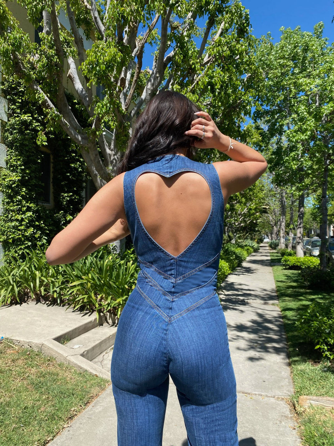 Rückenfreier Jeans-Jumpsuit | Herzförmiger Rückenausschnitt | Figurbetont | Stretch-Denim-Luzern Mode