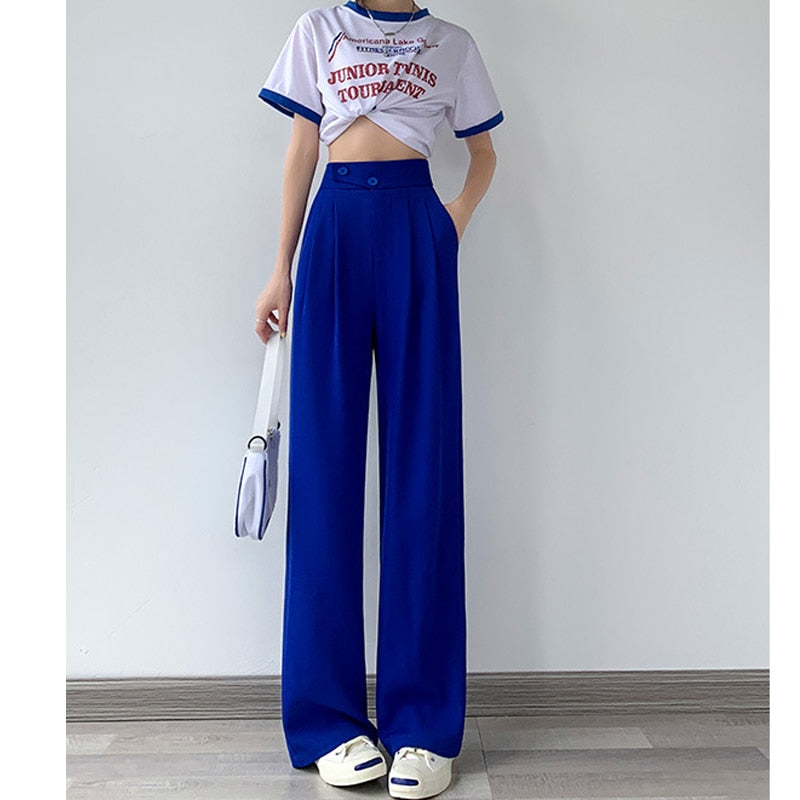 Damen Hose | Hohe Taille | Einfarbig | Lockere Schnitt | Knöpfen-Blau-S-Luzern Mode