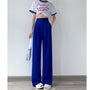 Damen Hose | Hohe Taille | Einfarbig | Lockere Schnitt | Knöpfen-Blau-S-Luzern Mode